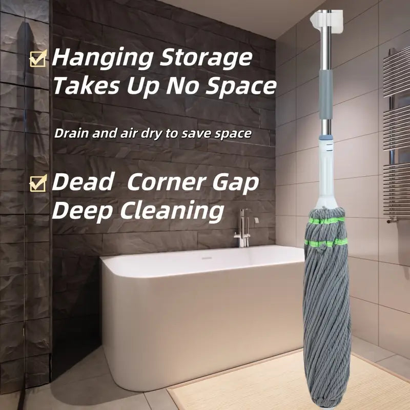 Self-Twisting Mop with Metal Handle, Silicone Brush Head, Hands-Free Dry & Wet Floor Cleaner, Quick Rinse & Dry Design, Microfiber Absorbent, Commercial Cleaning Tool