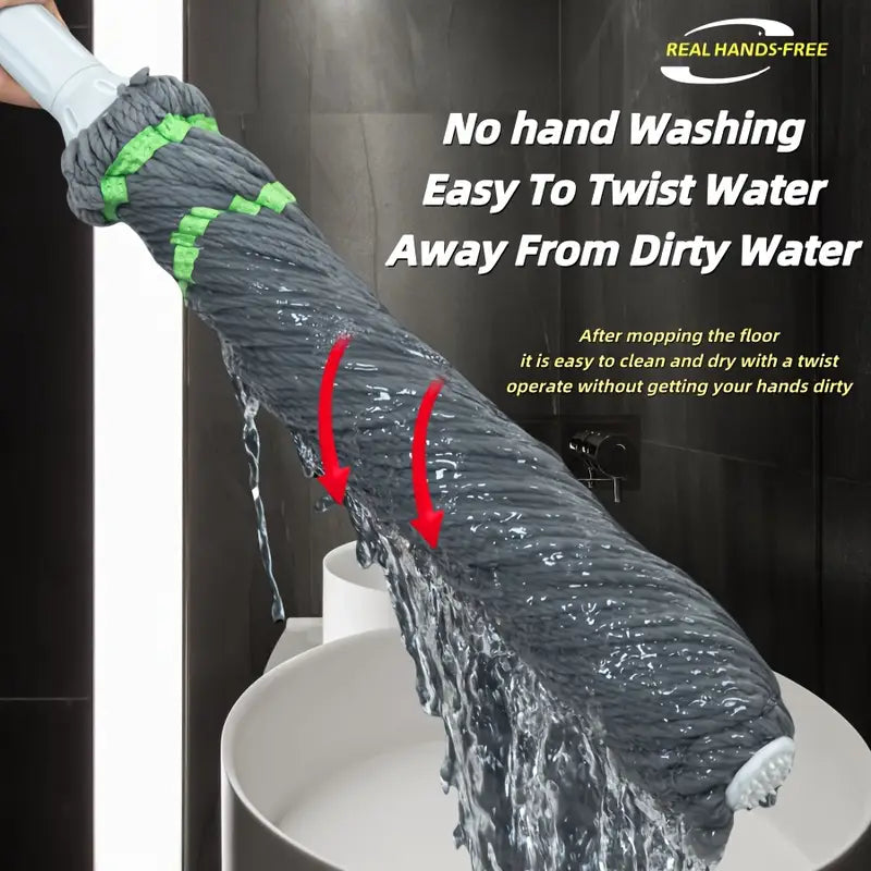 Self-Twisting Mop with Metal Handle, Silicone Brush Head, Hands-Free Dry & Wet Floor Cleaner, Quick Rinse & Dry Design, Microfiber Absorbent, Commercial Cleaning Tool