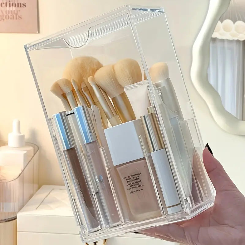 Clear Acrylic Makeup Brush Holder - Adjustable, Transparent Cosmetic Organizer with Multiple Compartments for Brushes, Lipsticks & Beauty Tools, Countertop Design, Plastic Material, No Power Needed, Makeup Brushes