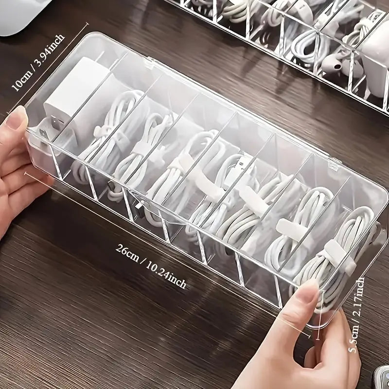 Large Capacity Cable Organizer Box with Transparent Partition (Includes 10 Storage Straps) - Desktop Wire Management, Suitable for Power Strips, Chargers, And Home Office Supplies. Wire Storage Organizer, Ideal for Electronic Cables.