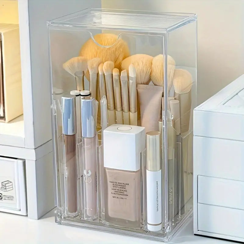 Clear Acrylic Makeup Brush Holder - Adjustable, Transparent Cosmetic Organizer with Multiple Compartments for Brushes, Lipsticks & Beauty Tools, Countertop Design, Plastic Material, No Power Needed, Makeup Brushes