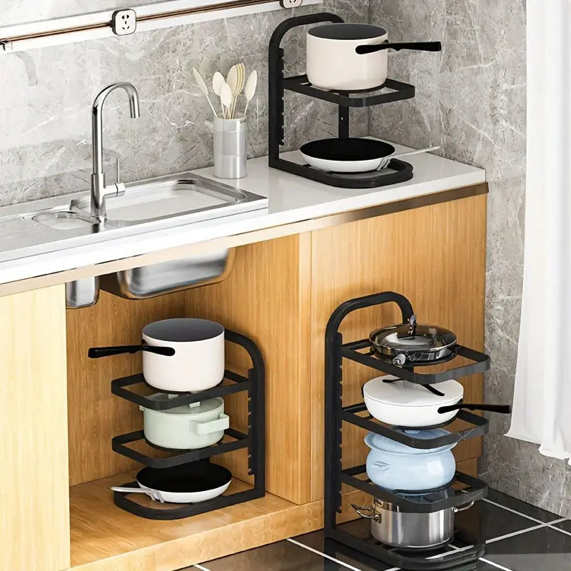 1pc Adjustable 3-Tier Black Stainless Steel Pot Rack - Space-Saving Kitchen Organizer with Multi-Shelved Storage Solution, Ideal for Home & Restaurant Use, Easy to Assemble, Kitchen Organizers And Storage