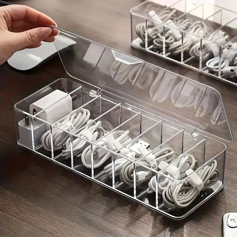 Large Capacity Cable Organizer Box with Transparent Partition (Includes 10 Storage Straps) - Desktop Wire Management, Suitable for Power Strips, Chargers, And Home Office Supplies. Wire Storage Organizer, Ideal for Electronic Cables.