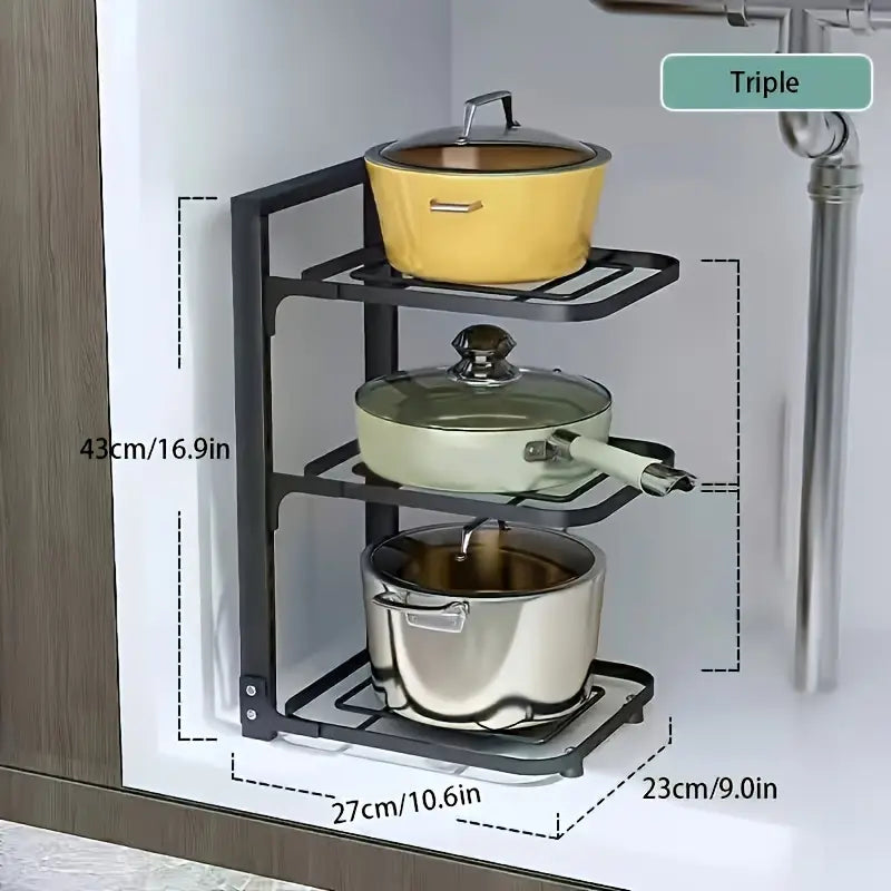 1pc Adjustable 3-Tier Black Stainless Steel Pot Rack - Space-Saving Kitchen Organizer with Multi-Shelved Storage Solution, Ideal for Home & Restaurant Use, Easy to Assemble, Kitchen Organizers And Storage