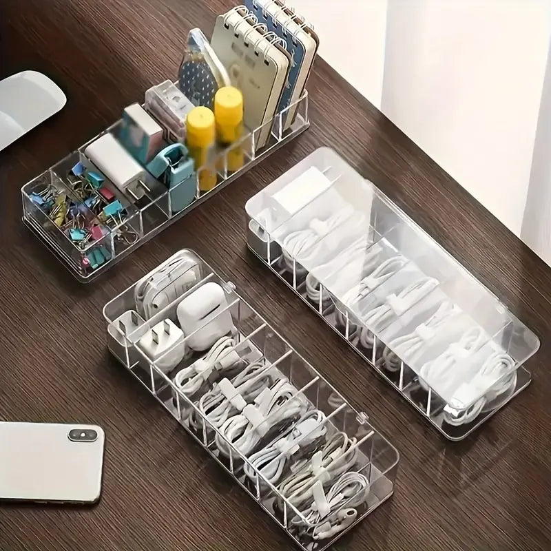 Large Capacity Cable Organizer Box with Transparent Partition (Includes 10 Storage Straps) - Desktop Wire Management, Suitable for Power Strips, Chargers, And Home Office Supplies. Wire Storage Organizer, Ideal for Electronic Cables.