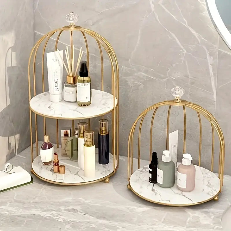 1pc Glam Style Bird Cage Design Metal Cosmetic Storage Shelf - Multifunctional Vanity Display Rack for Jewelry, Perfume, Candy - Family Themed Toiletry Organizer Without Electricity