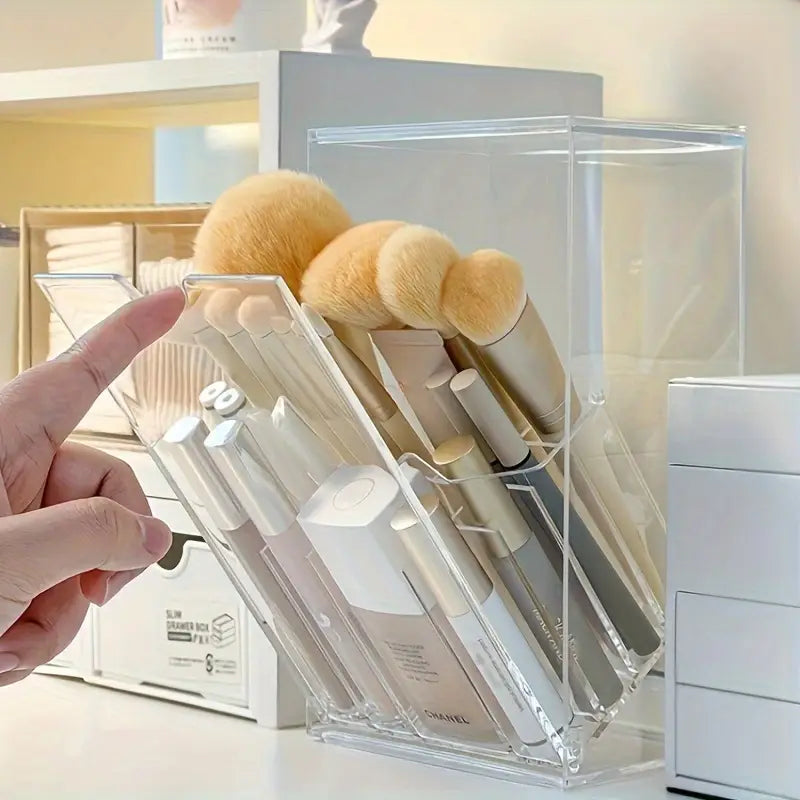 Clear Acrylic Makeup Brush Holder - Adjustable, Transparent Cosmetic Organizer with Multiple Compartments for Brushes, Lipsticks & Beauty Tools, Countertop Design, Plastic Material, No Power Needed, Makeup Brushes