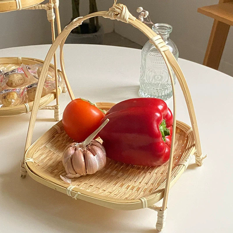 Bamboo woven small basket round square tea fruit cake dried fruit snack dessert multi-layer bamboo storage basket