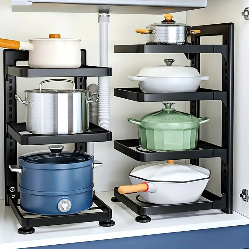 1pc Adjustable 3-Tier Black Stainless Steel Pot Rack - Space-Saving Kitchen Organizer with Multi-Shelved Storage Solution, Ideal for Home & Restaurant Use, Easy to Assemble, Kitchen Organizers And Storage