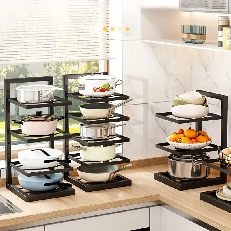 1pc Adjustable 3-Tier Black Stainless Steel Pot Rack - Space-Saving Kitchen Organizer with Multi-Shelved Storage Solution, Ideal for Home & Restaurant Use, Easy to Assemble, Kitchen Organizers And Storage