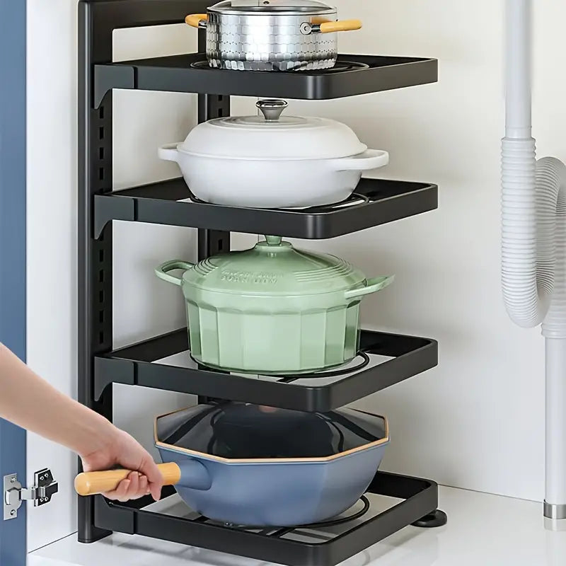 1pc Adjustable 3-Tier Black Stainless Steel Pot Rack - Space-Saving Kitchen Organizer with Multi-Shelved Storage Solution, Ideal for Home & Restaurant Use, Easy to Assemble, Kitchen Organizers And Storage