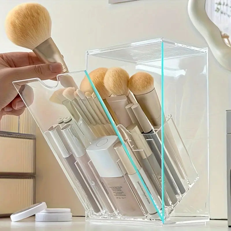Clear Acrylic Makeup Brush Holder - Adjustable, Transparent Cosmetic Organizer with Multiple Compartments for Brushes, Lipsticks & Beauty Tools, Countertop Design, Plastic Material, No Power Needed, Makeup Brushes