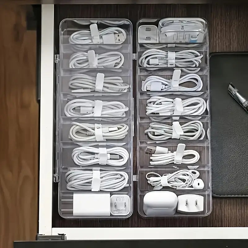 Large Capacity Cable Organizer Box with Transparent Partition (Includes 10 Storage Straps) - Desktop Wire Management, Suitable for Power Strips, Chargers, And Home Office Supplies. Wire Storage Organizer, Ideal for Electronic Cables.
