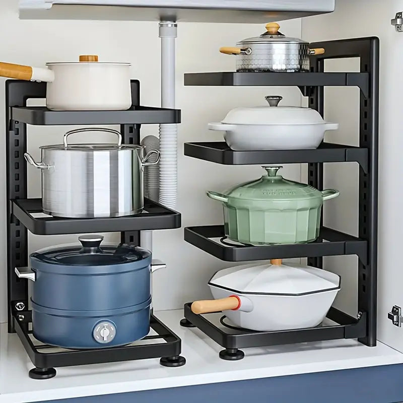 1pc Adjustable 3-Tier Black Stainless Steel Pot Rack - Space-Saving Kitchen Organizer with Multi-Shelved Storage Solution, Ideal for Home & Restaurant Use, Easy to Assemble, Kitchen Organizers And Storage