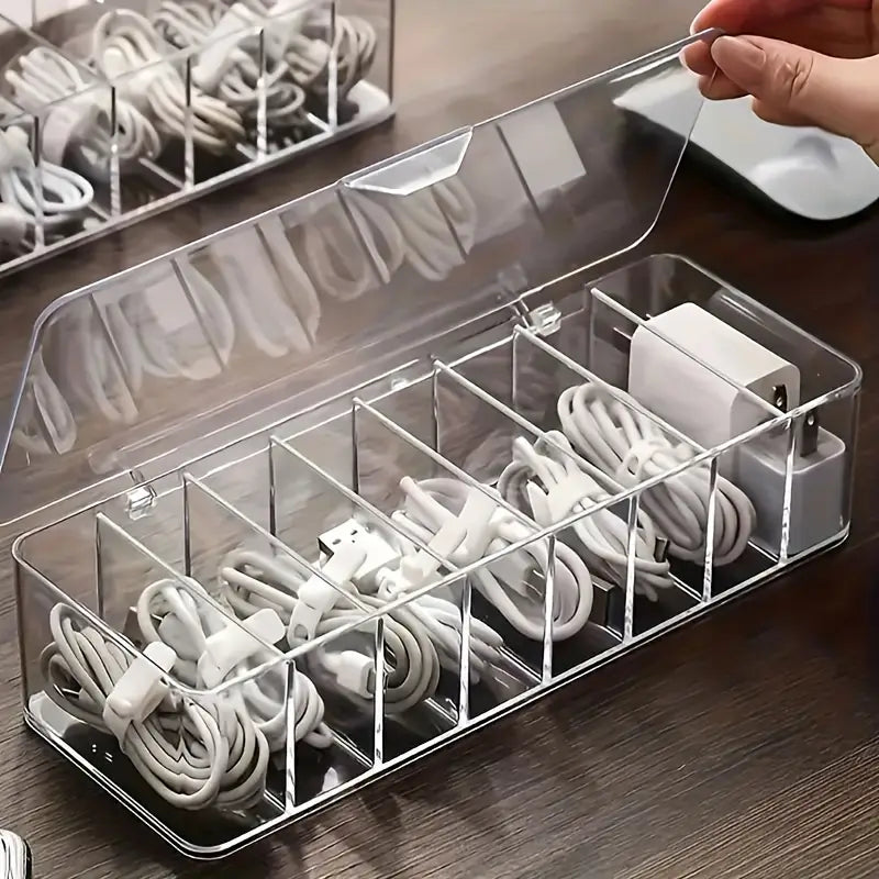 Large Capacity Cable Organizer Box with Transparent Partition (Includes 10 Storage Straps) - Desktop Wire Management, Suitable for Power Strips, Chargers, And Home Office Supplies. Wire Storage Organizer, Ideal for Electronic Cables.