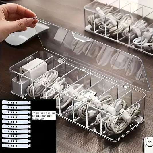Large Capacity Cable Organizer Box with Transparent Partition (Includes 10 Storage Straps) - Desktop Wire Management, Suitable for Power Strips, Chargers, And Home Office Supplies. Wire Storage Organizer, Ideal for Electronic Cables.