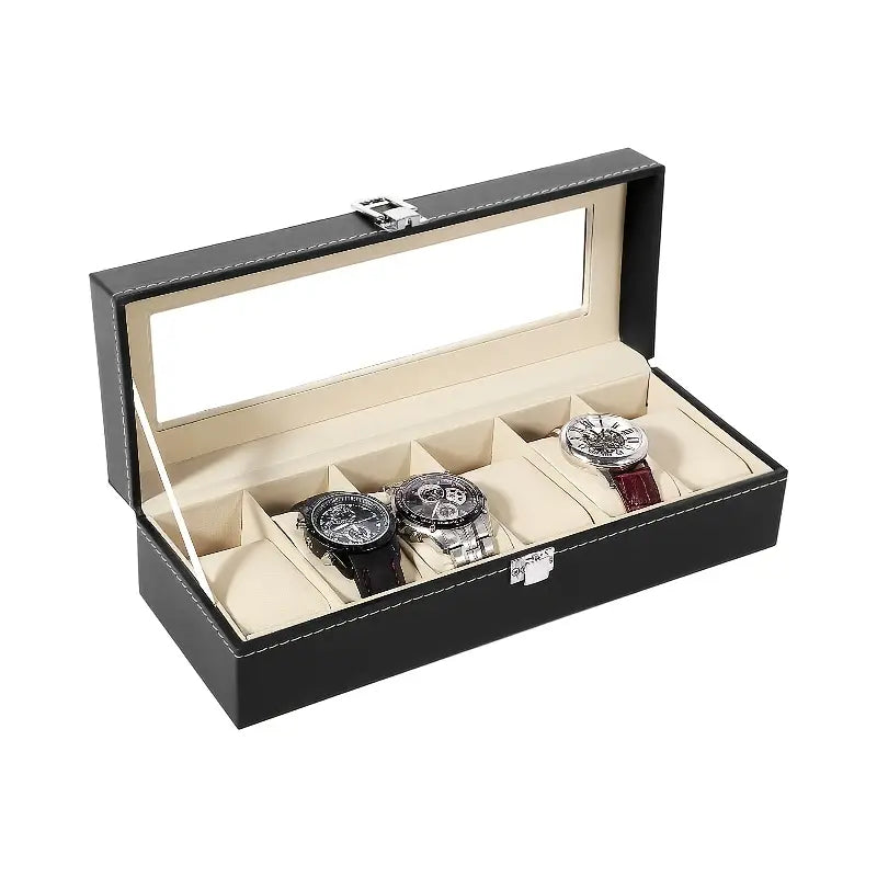 Luxury 6-Slot Black Faux Leather Men's Watch Storage Box with Cream Interior - Travel Organizer Tray, Display Case & Stand for Watches - Perfect Holiday Gift for Watch Enthusiasts, Travel Accessory Organizer | Elegant Display Case | Secure Watch Slots