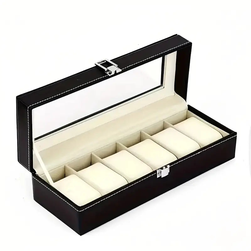Luxury 6-Slot Black Faux Leather Men's Watch Storage Box with Cream Interior - Travel Organizer Tray, Display Case & Stand for Watches - Perfect Holiday Gift for Watch Enthusiasts, Travel Accessory Organizer | Elegant Display Case | Secure Watch Slots
