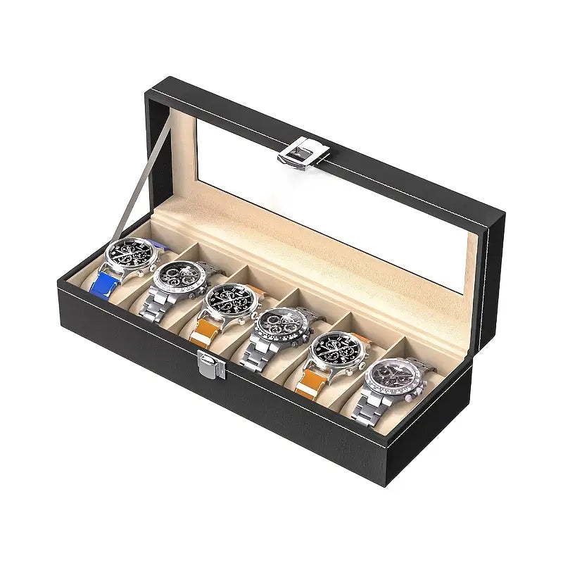 Luxury 6-Slot Black Faux Leather Men's Watch Storage Box with Cream Interior - Travel Organizer Tray, Display Case & Stand for Watches - Perfect Holiday Gift for Watch Enthusiasts, Travel Accessory Organizer | Elegant Display Case | Secure Watch Slots