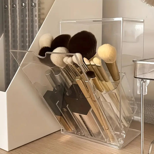 Clear Acrylic Makeup Brush Holder - Adjustable, Transparent Cosmetic Organizer with Multiple Compartments for Brushes, Lipsticks & Beauty Tools, Countertop Design, Plastic Material, No Power Needed, Makeup Brushes