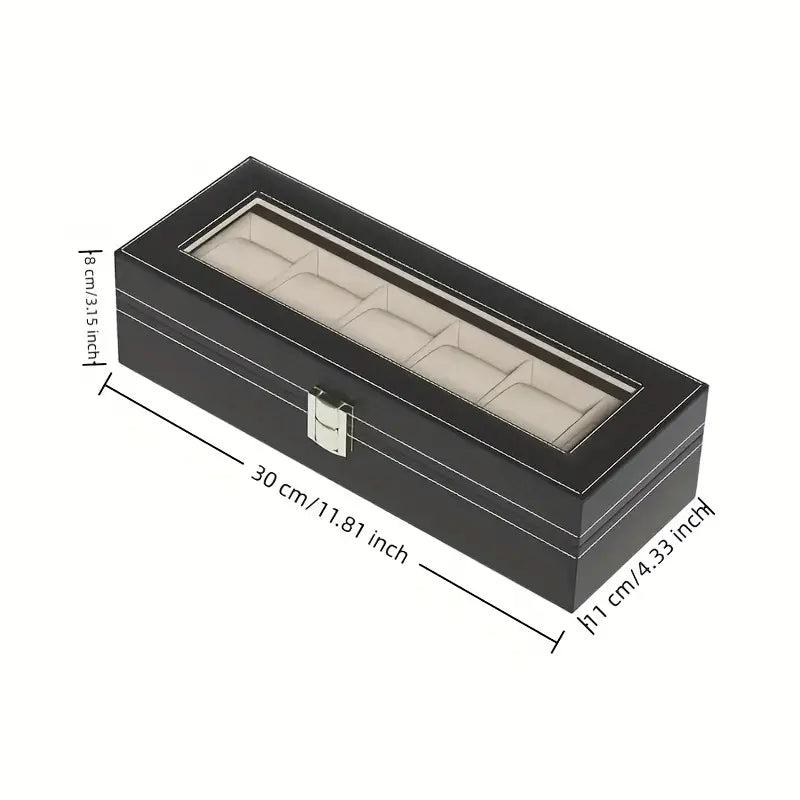 Luxury 6-Slot Black Faux Leather Men's Watch Storage Box with Cream Interior - Travel Organizer Tray, Display Case & Stand for Watches - Perfect Holiday Gift for Watch Enthusiasts, Travel Accessory Organizer | Elegant Display Case | Secure Watch Slots