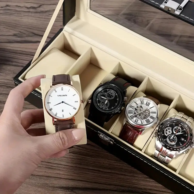 Luxury 6-Slot Black Faux Leather Men's Watch Storage Box with Cream Interior - Travel Organizer Tray, Display Case & Stand for Watches - Perfect Holiday Gift for Watch Enthusiasts, Travel Accessory Organizer | Elegant Display Case | Secure Watch Slots