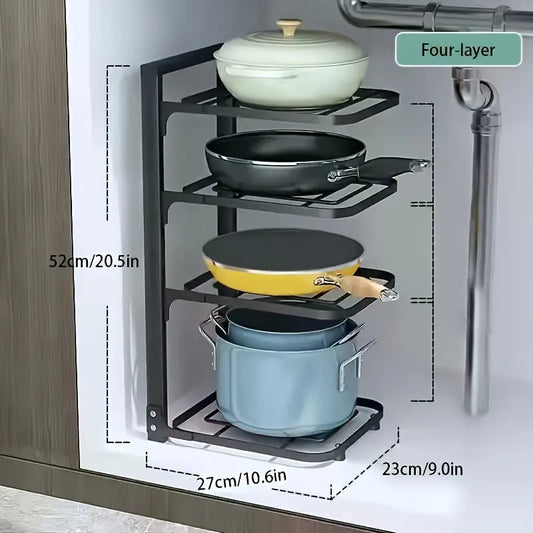 1pc Adjustable 3-Tier Black Stainless Steel Pot Rack - Space-Saving Kitchen Organizer with Multi-Shelved Storage Solution, Ideal for Home &amp; Restaurant Use, Easy to Assemble, Kitchen Organizers And Storage