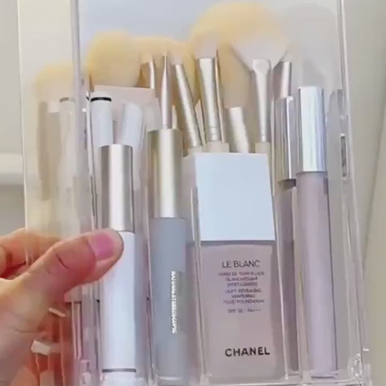 Clear Acrylic Makeup Brush Holder - Adjustable, Transparent Cosmetic Organizer with Multiple Compartments for Brushes, Lipsticks & Beauty Tools, Countertop Design, Plastic Material, No Power Needed, Makeup Brushes